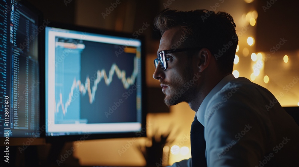 Aufkleber financial analyst working late at night analyzing graphs on computer screens