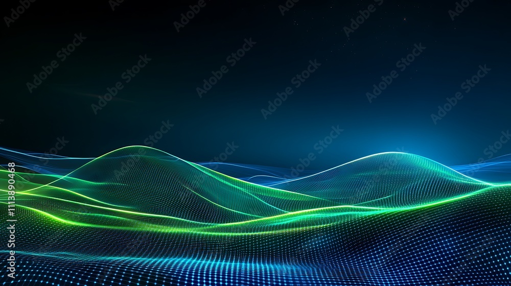 Poster abstract digital landscape with colorful waves and light effects in a dark background