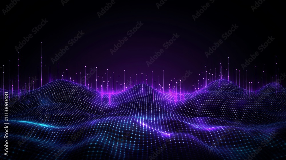 Poster abstract digital landscape with colorful waves and sparkling dots in dark background for futuristic 