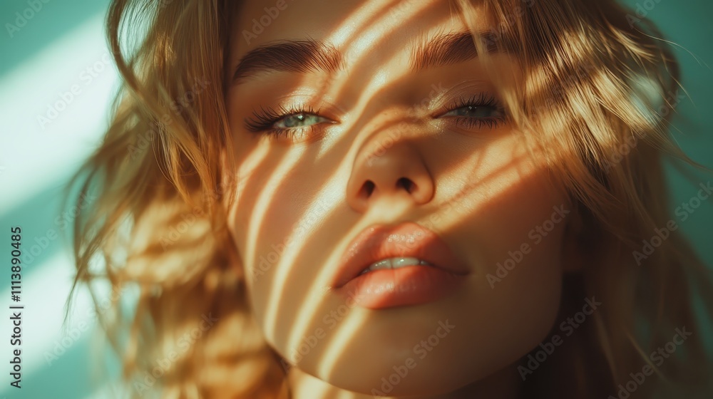 Poster artistic portrait of a woman in shadow and light, creating pattern effects on her face, emphasizing 
