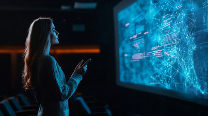 Young female teacher presents data science in a modern classroom