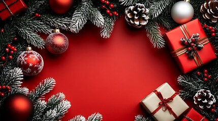Festive Christmas Background Red Ornaments Gifts Snow Pine Branches
