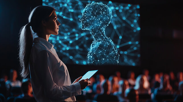 Female presenter discussing data science in front of a digital audience - Powered by Adobe