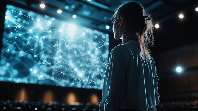 Young female presenter discussing data science in a conference setting - Powered by Adobe