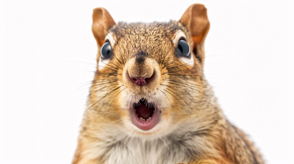 Fototapeta premium Portrait of a Surprised Squirrel: Close-up, isolated on a white background.
