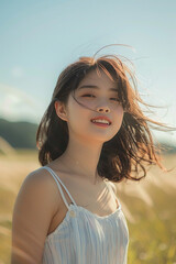 Minimalist cover of Asian girl walking with a subtle smile. Captures the essence of youthful joy, summer breeze, and clean elegance ideal for fashion or lifestyle editorials