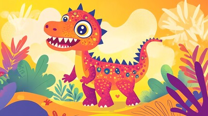 Obraz premium A colorful illustration of a friendly dinosaur standing in a jungle.