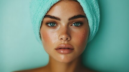 Close-up portrait of a woman with glowing skin, blue towel turban, vibrant blue eyes, and a serene expression against a teal background.