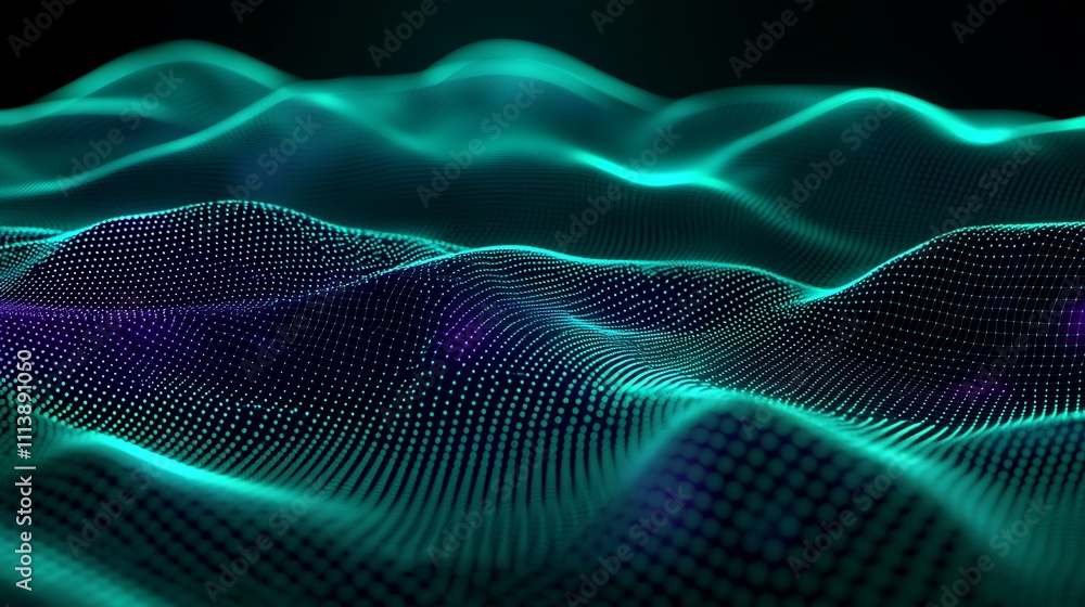 Poster abstract digital landscape with flowing waves and luminous mesh patterns in vibrant turquoise and pu