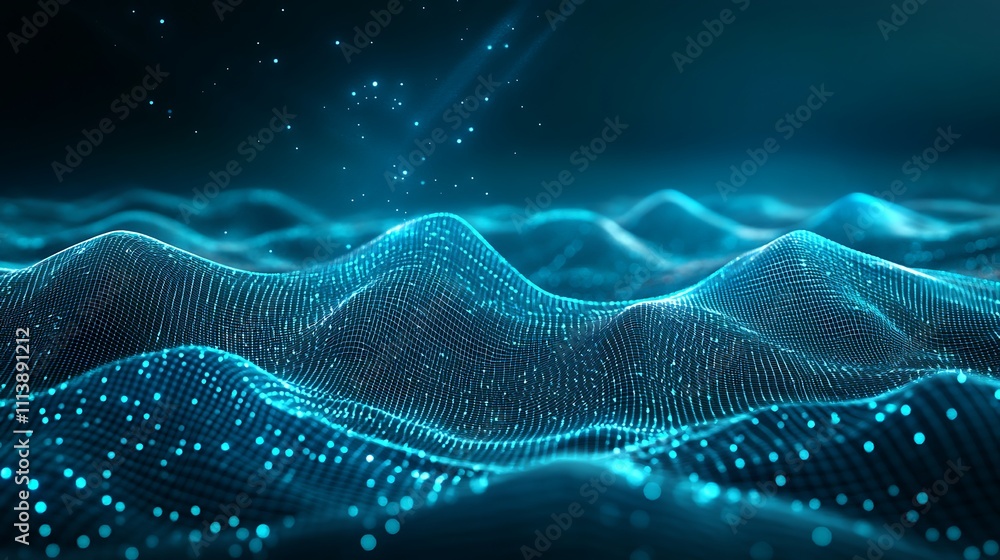 Poster abstract digital landscape with flowing waves and sparkling particles in blue and teal color scheme