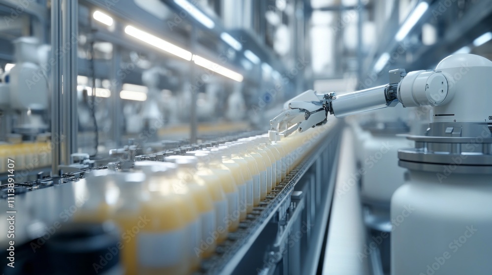 Poster in a state-of-the-art dairy production facility, robotic arms meticulously handle rows of milk conta