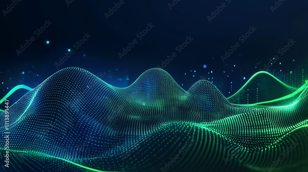 Poster abstract digital landscape with glossy waves and luminous particles in green and blue color scheme