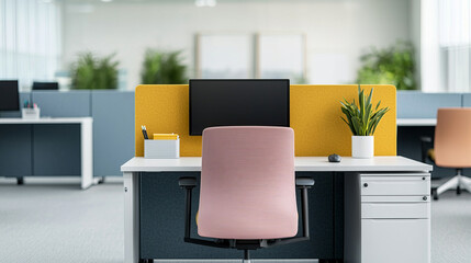 modern office workspace featuring pink ergonomic chair, computer monitor, and potted plant. design emphasizes comfort and productivity in bright environment