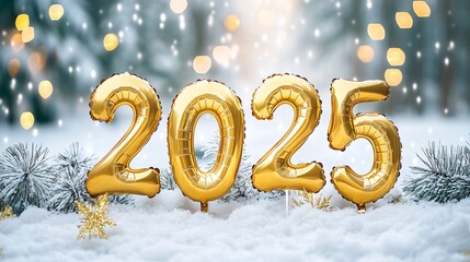 Golden 2025 balloons celebrating new year in snowy landscape