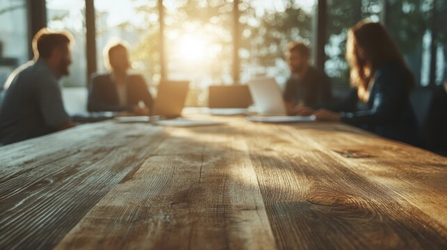 A sunlit conference room with a wooden table and blurred figures of people engaged in a meeting, creating a warm and collaborative work environment with natural light.