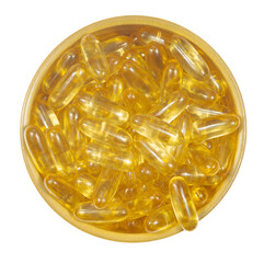 Omega 3 tablets in wooden cup isolated on white background. yellow pills close up. Fish oil capsules. Golden vitamin D3