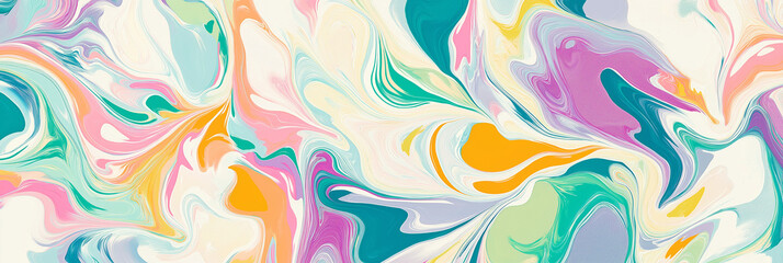 Abstract pattern with swirling pastel colors in blue, green, purple, pink, orange, and white, blending seamlessly to create depth and movement. Styled as glitch art with pixelated distortions for a dy