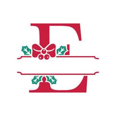 Vector festive, decorative split letter E monogram with Christmas elements, perfect for personalized holiday designs. Symbols and ornaments, ideal for branding, logos, and family name templates
