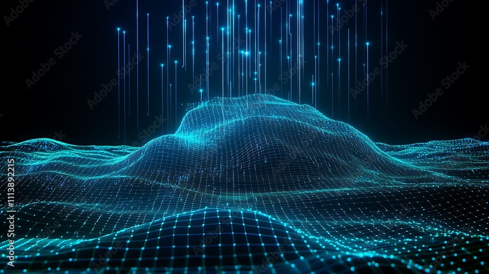 Poster abstract digital landscape with glowing dots and lines representing data flow and connectivity in 3d