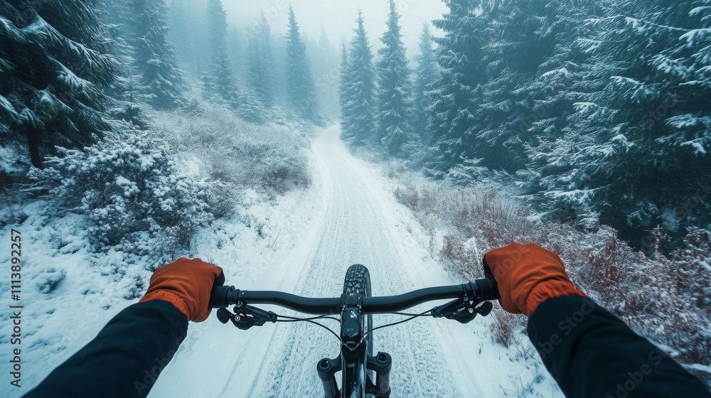 Poster a cyclist navigates a snowy trail surrounded by tall evergreen trees. the view captures the handleba