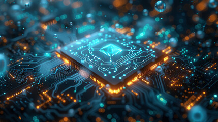 Futuristic Quantum Processor Blueprint Illuminated by Glowing Particles