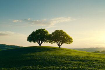 Fototapeta premium serene landscape featuring two lush trees on green hill under clear sky. tranquil scene evokes sense of peace and harmony with nature