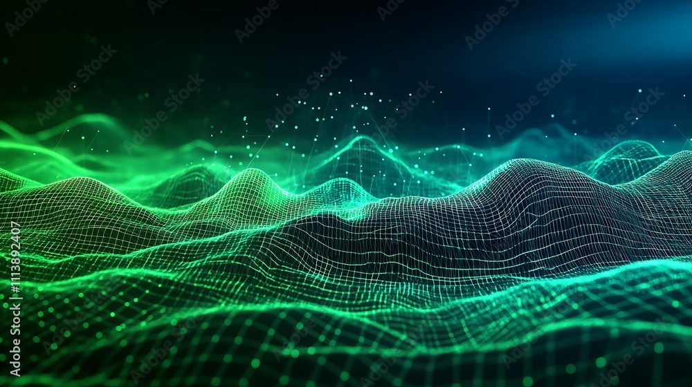 Poster abstract digital landscape with glowing green lines and floating particles in a dark atmosphere