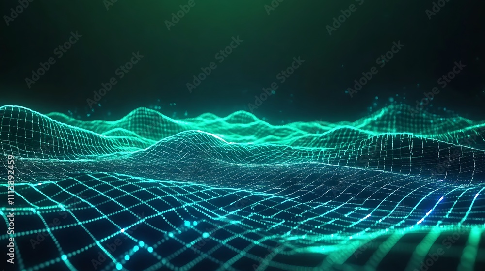 Poster abstract digital landscape with glowing grid and wave patterns in an ethereal green hue for technolo