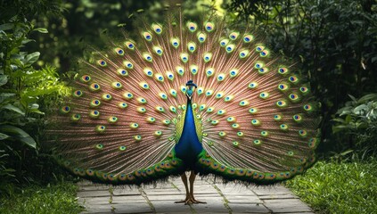 Obraz premium Peacock Displaying Its Majestic Tail Feathers