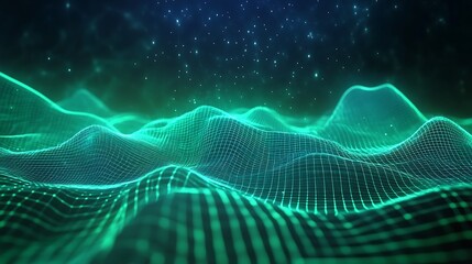 Abstract digital landscape with glowing grid, waves and stars in a colorful futuristic setting