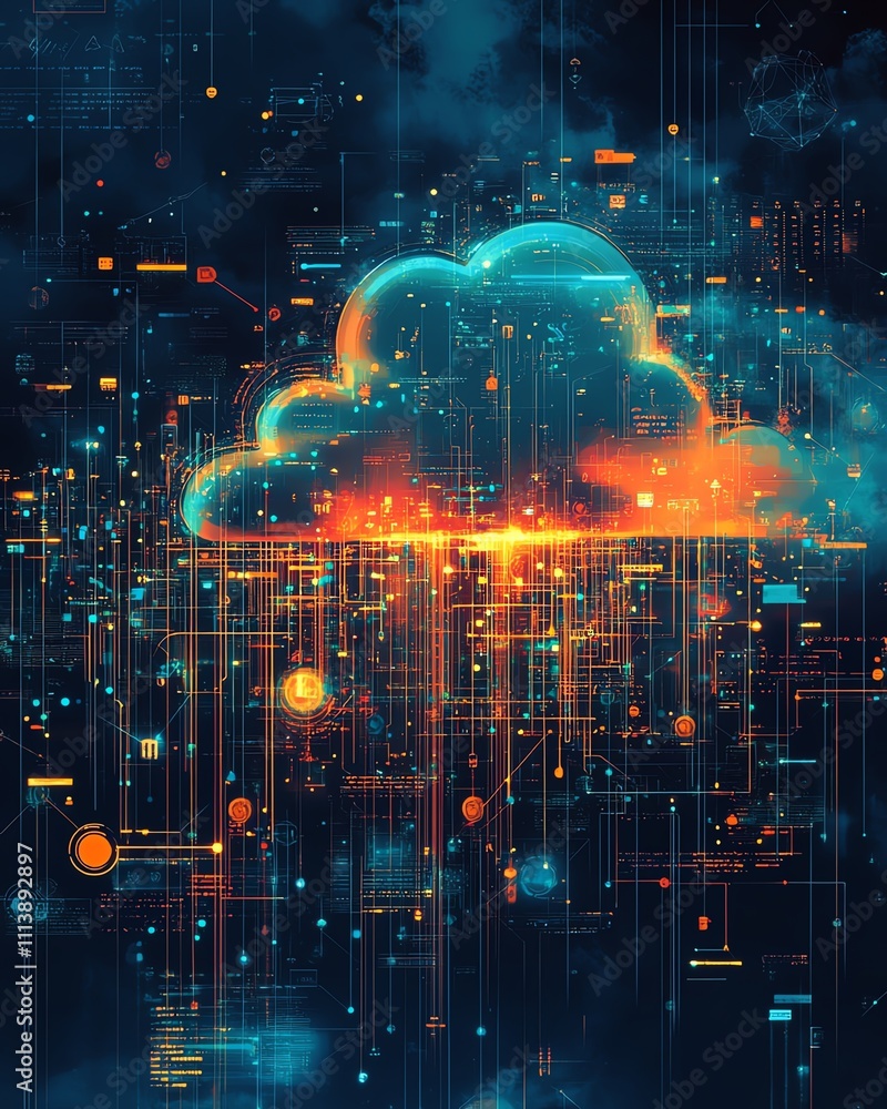 Poster API management and cloud computing visualized in a digital illustration