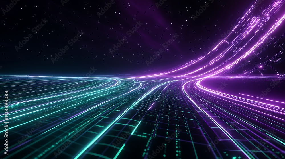Poster abstract digital landscape with glowing lines and vibrant colors representing technology and future 