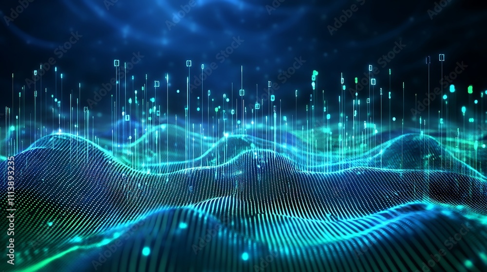 Poster abstract digital landscape with glowing particles and wave patterns in blue and green color schemes