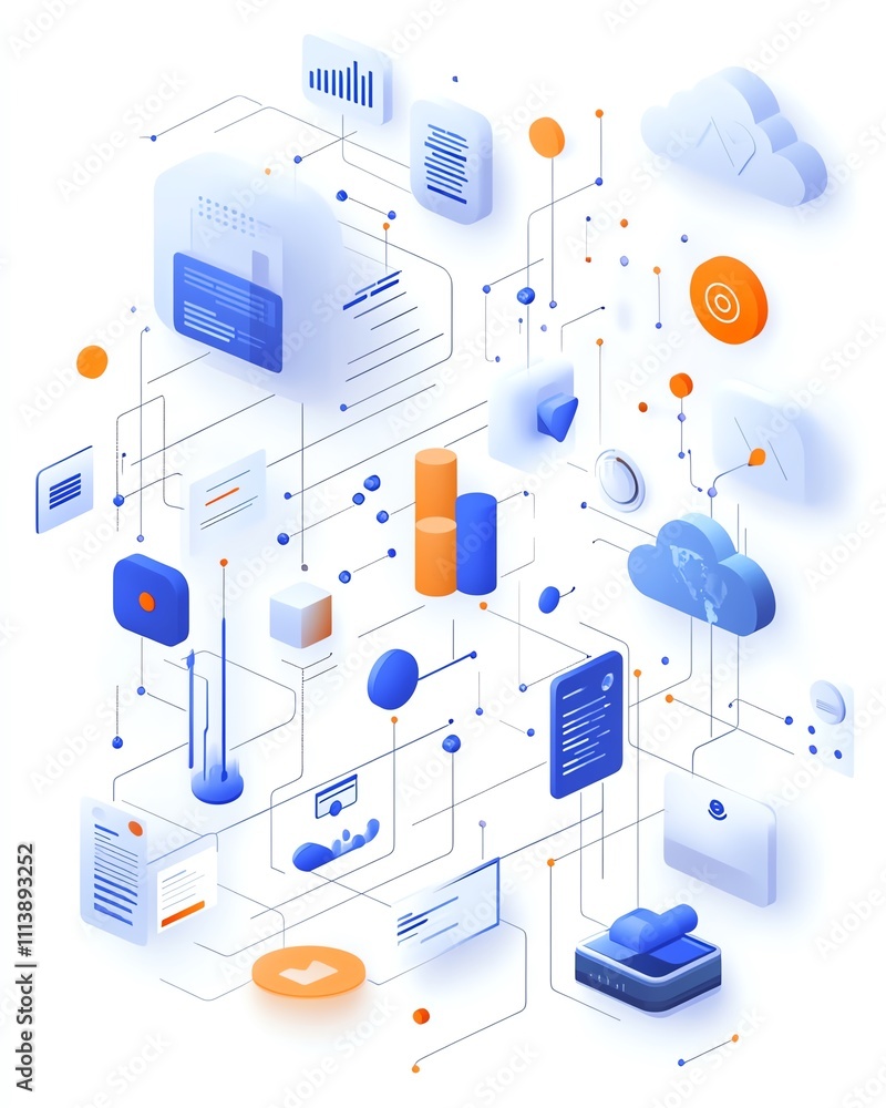Poster Cloud computing and API management concept in a digital illustration