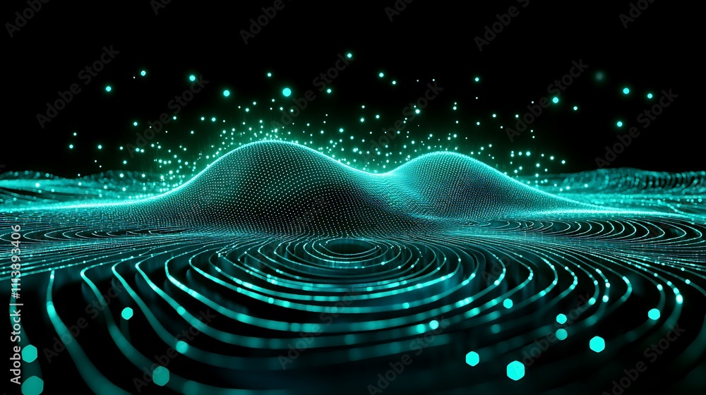 Poster abstract digital landscape with glowing particles and wavy lines in a dark background