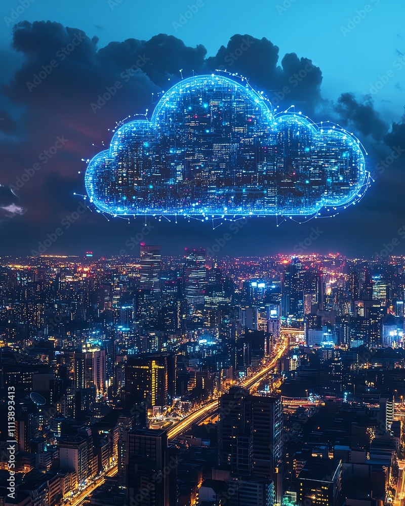 Poster Cloud computing concept with a digital cloud hovering over a cityscape, symbolizing data storage, technology, and the future of urban connectivity in a modern, techdriven world