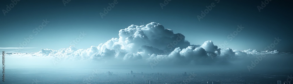 Poster Cloud computing concept with a digital cloud hovering over a cityscape, symbolizing data storage, technology, and the future of urban connectivity in a modern, techdriven world
