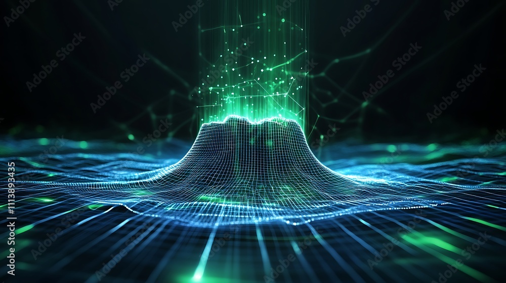 Poster abstract digital landscape with glowing particles and wireframe structures in dark atmospheric backg