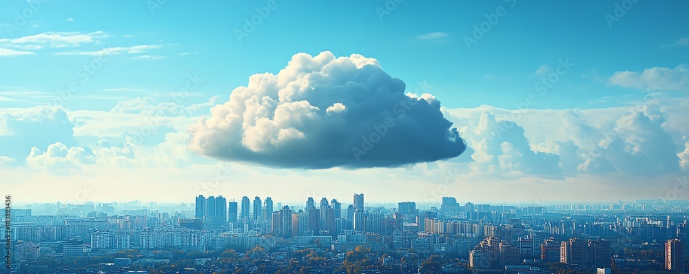 Poster Cloud computing concept with a digital cloud hovering over a cityscape, symbolizing data storage, technology, and the future of urban connectivity in a modern, techdriven world