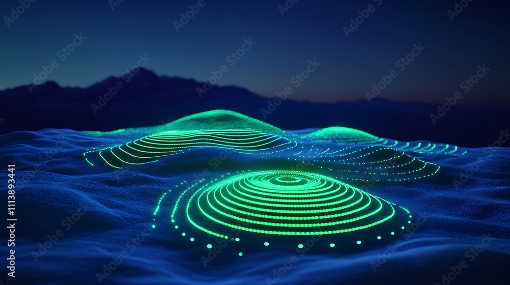 Poster abstract digital landscape with glowing patterns and light effects at night in a futuristic setting