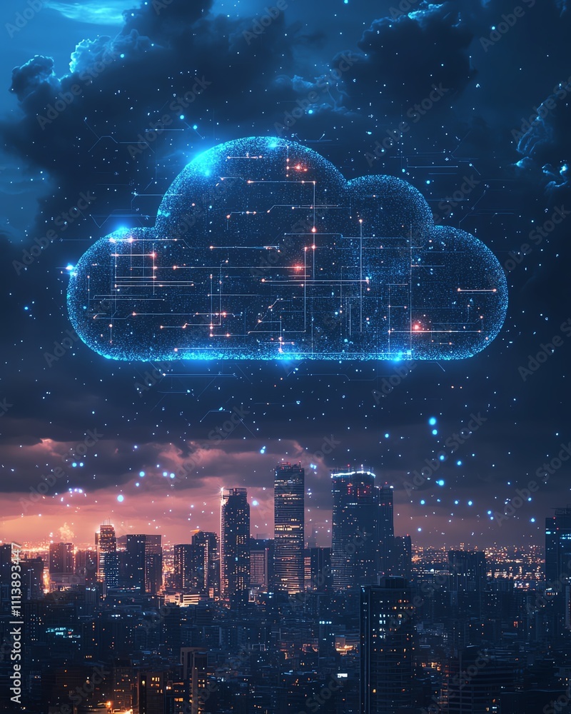 Poster Cloud computing concept with a digital cloud hovering over a cityscape, symbolizing data storage, technology, and the future of urban connectivity in a modern, techdriven world