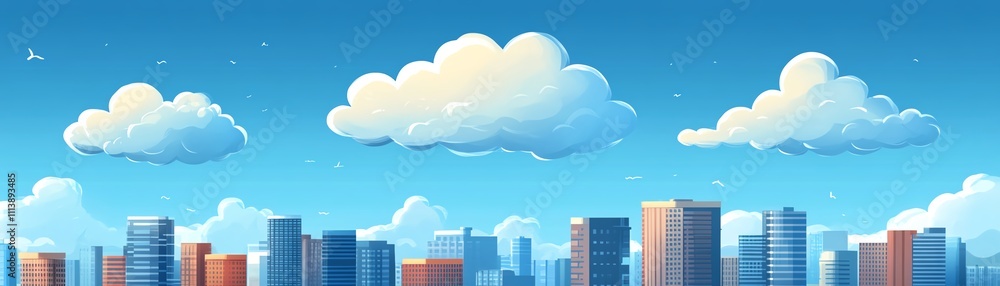 Poster Cloud computing concept with a digital cloud hovering over a cityscape, symbolizing data storage, technology, and the future of urban connectivity in a modern, techdriven world