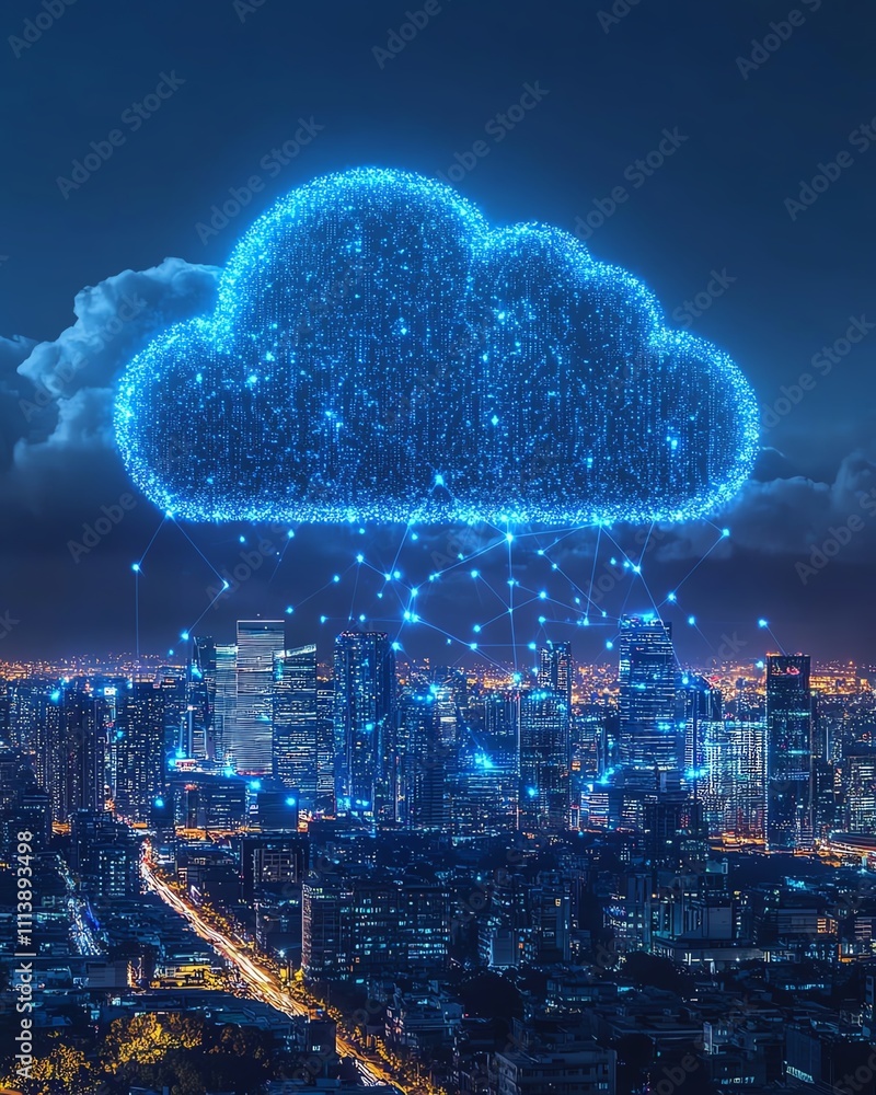 Poster Cloud computing concept with a digital cloud hovering over a cityscape, symbolizing data storage, technology, and the future of urban connectivity in a modern, techdriven world