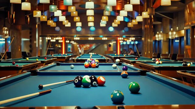Illuminated Billiards Hall: Rows of Pool Tables Under Warm Lighting