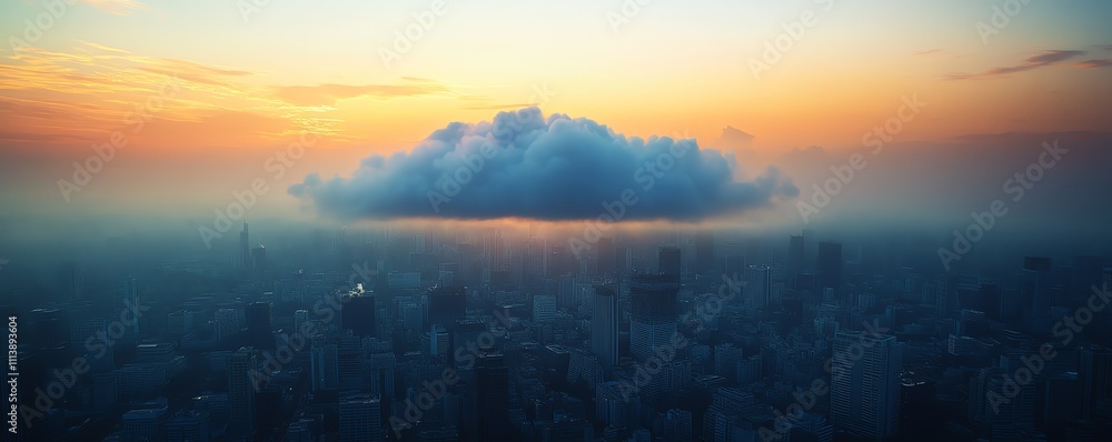 Poster Cloud computing concept with a digital cloud hovering over a cityscape, symbolizing data storage, technology, and the future of urban connectivity in a modern, techdriven world