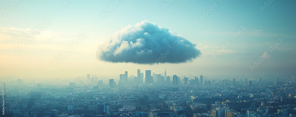 Fototapete Cloud computing concept with a digital cloud hovering over a cityscape, symbolizing data storage, technology, and the future of urban connectivity in a modern, techdriven world