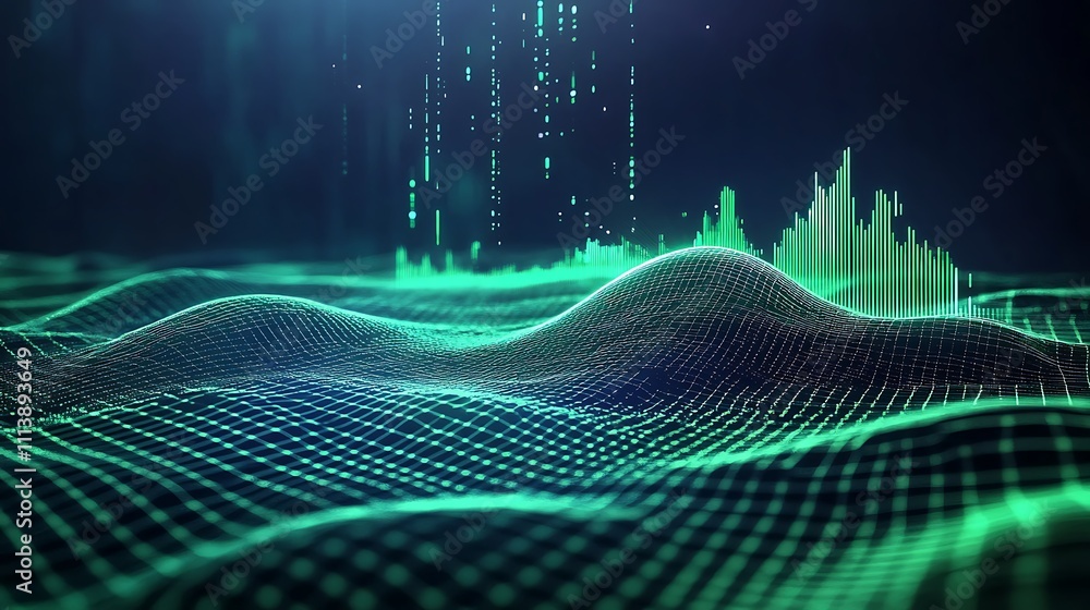 Poster abstract digital landscape with glowing waves and data visualization in futuristic style