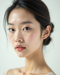 Fototapeta premium Elegant Japanese woman with glowing dewy skin, soft makeup, and a sleek low bun hairstyle, perfect for beauty, skincare, and cosmetic advertising campaigns.