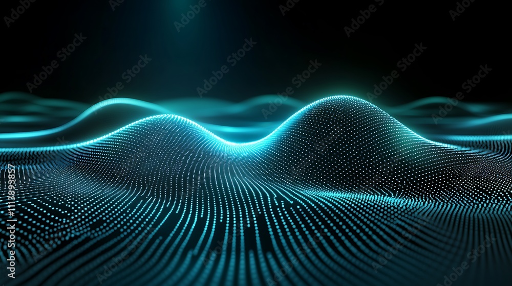 Poster abstract digital landscape with glowing waves and flowing particles in a dark background