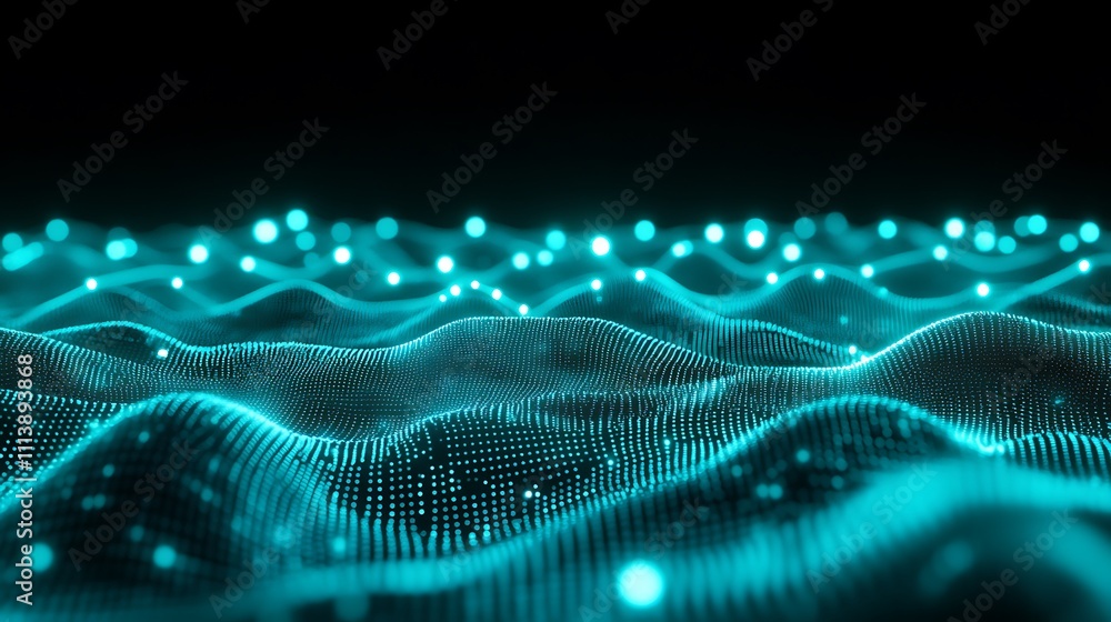 Poster abstract digital landscape with glowing waves and floating particles in dark background for technolo